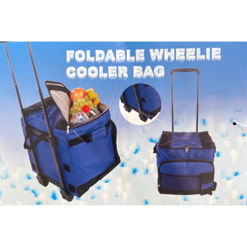 New Foldable Wheelie Cooler Bag Blue Insulated 14 x 13" Easy Storage Pockets
